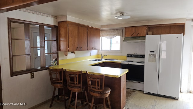405 W Mullan Ave, Kellogg, ID 83837 - kitchen featuring white appliances, under cabinet range hood, light countertops, a peninsula, and brown cabinetry