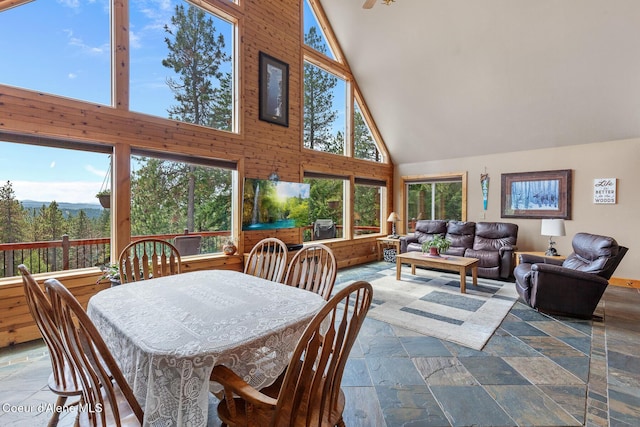1529 S Saddleback Dr, Coeur Dalene, ID 83814 - dining area with high vaulted ceiling and stone tile flooring