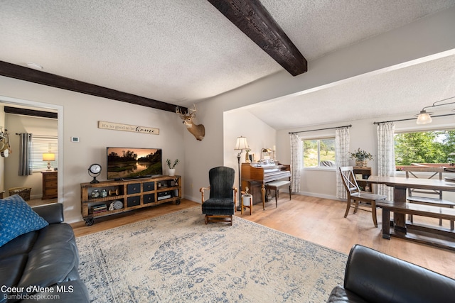 19441 N Rustic Ridge Trl, Rathdrum, ID 83858 - living room with a textured ceiling, wood finished floors, and beamed ceiling