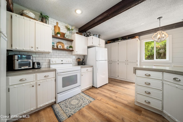19441 N Rustic Ridge Trl, Rathdrum, ID 83858 - kitchen with white appliances, a textured ceiling, backsplash, beam ceiling, and light wood-type flooring