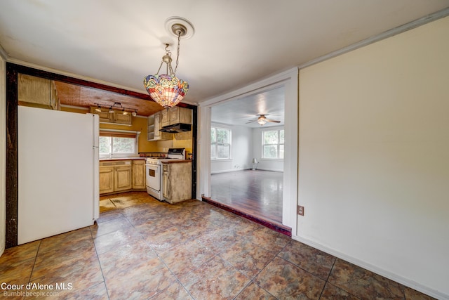 421 W Walnut Ave, Coeur Dalene, ID 83814 - kitchen featuring white appliances, under cabinet range hood, healthy amount of natural light, pendant lighting, and crown molding