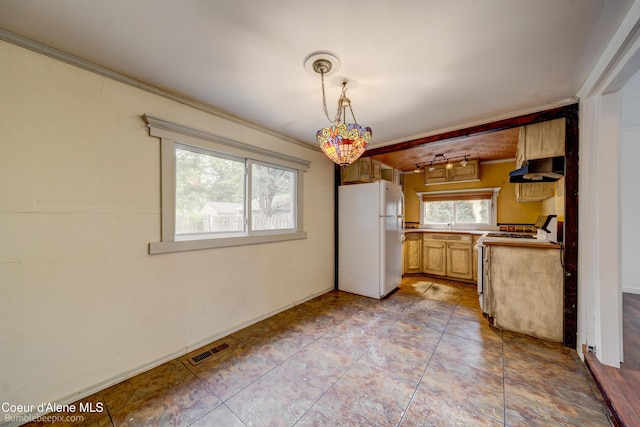 421 W Walnut Ave, Coeur Dalene, ID 83814 - kitchen with white appliances, under cabinet range hood, crown molding, hanging light fixtures, and light tile patterned floors