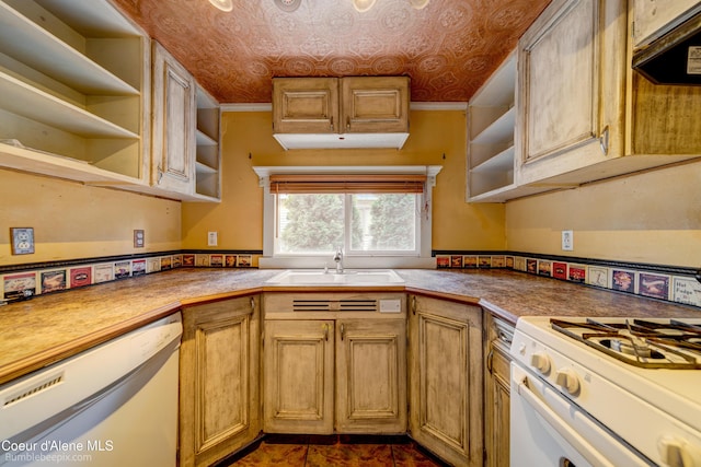 421 W Walnut Ave, Coeur Dalene, ID 83814 - kitchen with white appliances, open shelves, an ornate ceiling, and under cabinet range hood