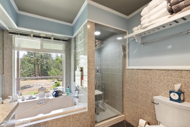 5143 W Crazy Creek Rd, Coeur Dalene, ID 83814 - full bath featuring a bath, a shower stall, ornamental molding, and tile walls
