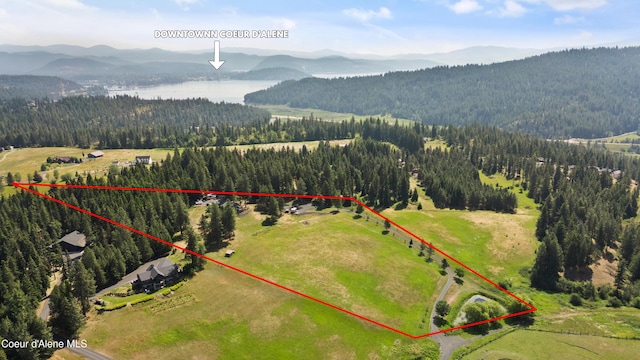 5143 W Crazy Creek Rd, Coeur Dalene, ID 83814 - aerial view of property and surrounding area with mountains and property boundaries highlighted