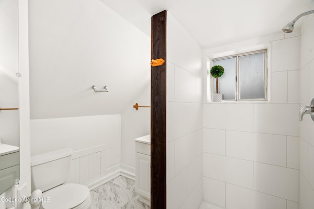 110 Cedar St, Priest River, ID 83856 - full bathroom with vanity, tiled shower, marble finish flooring, and lofted ceiling