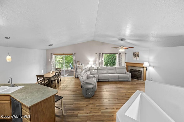 5735 E Steamboat Bnd, Post Falls, ID 83854 - living area with a textured ceiling, a ceiling fan, dark wood-type flooring, vaulted ceiling, and a glass covered fireplace