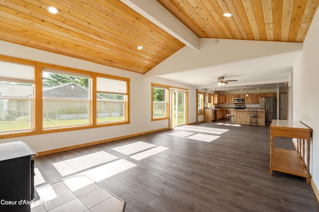 185 Leo Ln, Moyie Springs, ID 83845 - unfurnished living room with recessed lighting, dark wood finished floors, wooden ceiling, and ceiling fan