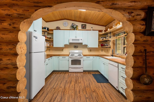 26443 S Farup Rd, Worley, ID 83876 - kitchen with white appliances, open shelves, butcher block countertops, wood ceiling, and lofted ceiling