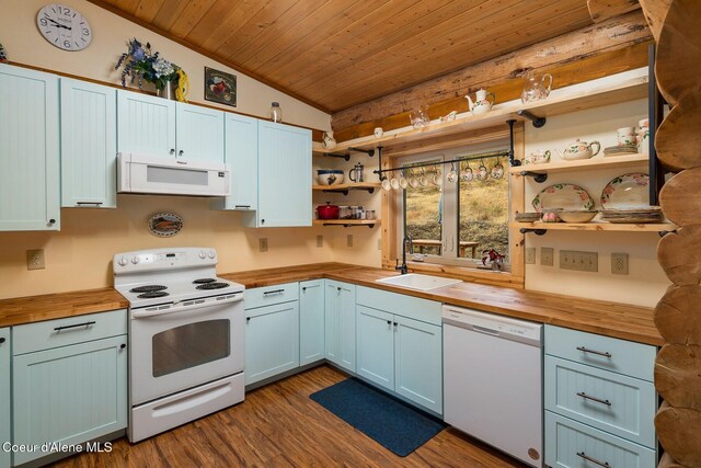 26443 S Farup Rd, Worley, ID 83876 - kitchen with butcher block countertops, white appliances, open shelves, wooden ceiling, and dark wood-style floors