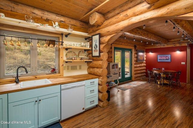 26443 S Farup Rd, Worley, ID 83876 - bar area with dishwasher, rustic walls, a wooden ceiling with exposed beams, dark wood-style floors, and rail lighting
