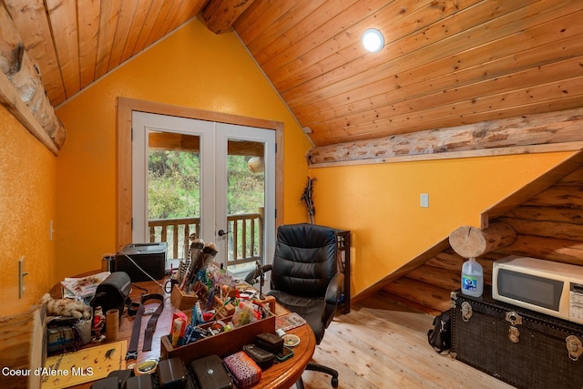26443 S Farup Rd, Worley, ID 83876 - office area with wood-type flooring, french doors, wood ceiling, and log walls