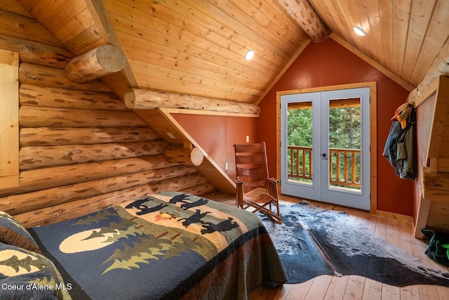 26443 S Farup Rd, Worley, ID 83876 - bedroom with access to exterior, wood-type flooring, french doors, log walls, and vaulted ceiling