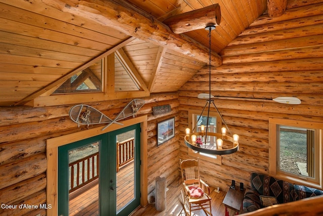 26443 S Farup Rd, Worley, ID 83876 - detailed view of a wooden ceiling with exposed beams, a chandelier, and log walls