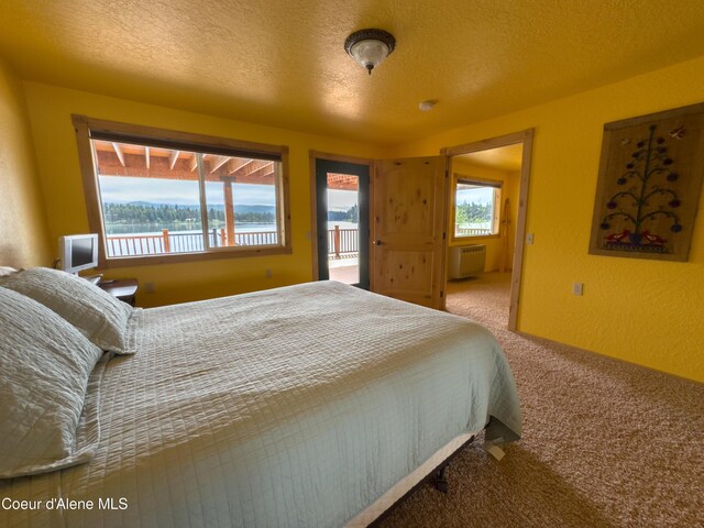 1349 Lakeshore Dr, Libby, MT 59923 - bedroom with carpet, a wall mounted AC, and a textured ceiling