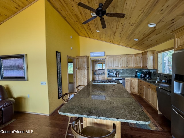 1349 Lakeshore Dr, Libby, MT 59923 - kitchen featuring wooden ceiling, stainless steel appliances, dark wood-style flooring, a breakfast bar area, and ceiling fan