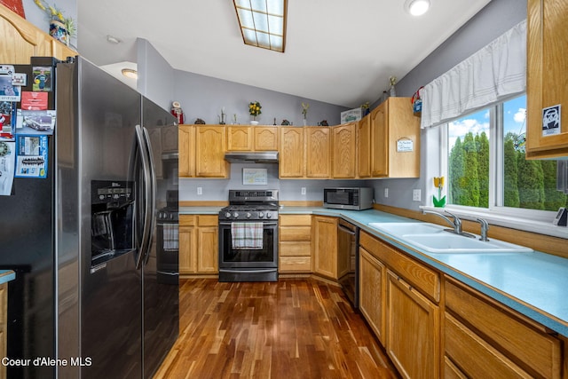 9270 N Maple St, Hayden, ID 83835 - kitchen featuring appliances with stainless steel finishes, under cabinet range hood, dark wood-style flooring, light countertops, and vaulted ceiling
