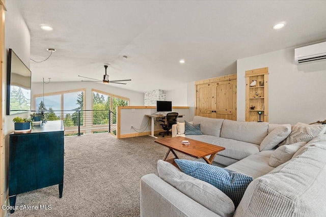 6101 Bottle Bay Rd, Sagle, ID 83860 - carpeted living room featuring ceiling fan, a wall mounted air conditioner, recessed lighting, and vaulted ceiling