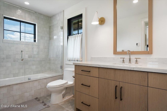 960 Golden Thread Ct, Driggs, ID 83422 - bathroom featuring tiled shower / bath, tile patterned flooring, vanity, and recessed lighting