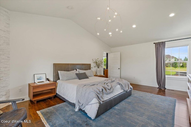 6744 E Greta Ave, Post Falls, ID 83854 - bedroom featuring wood finished floors, high vaulted ceiling, a chandelier, and recessed lighting