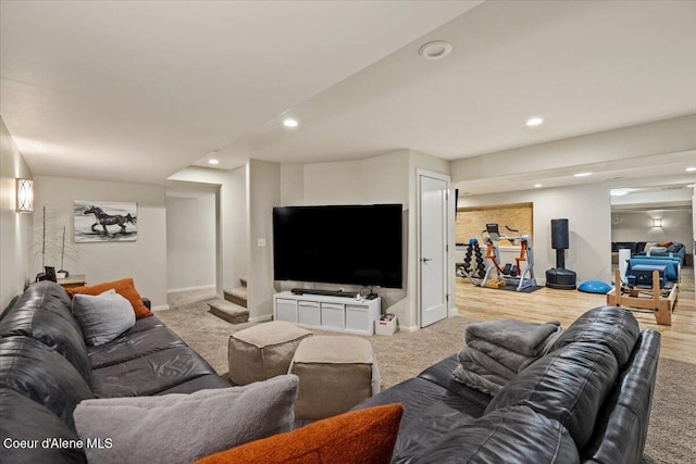 6744 E Greta Ave, Post Falls, ID 83854 - carpeted living room with stairway and recessed lighting