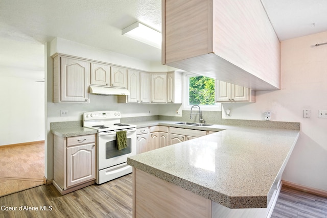 5678 N Pinegrove Dr, Coeur Dalene, ID 83815 - kitchen featuring electric range, under cabinet range hood, a peninsula, light wood-style floors, and light stone countertops