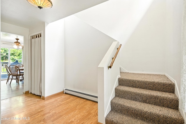 5678 N Pinegrove Dr, Coeur Dalene, ID 83815 - stairs with baseboard heating, wood finished floors, and a ceiling fan