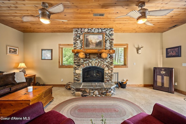 1911 Carr Creek Rd, Sandpoint, ID 83864 - tiled living room featuring a ceiling fan, a fireplace, and wood ceiling