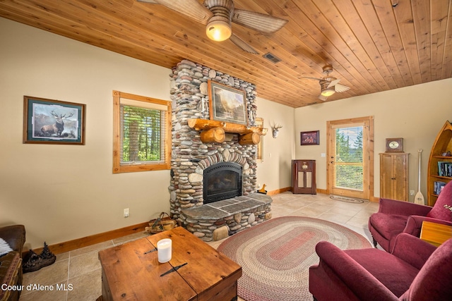 1911 Carr Creek Rd, Sandpoint, ID 83864 - living room with a ceiling fan, a fireplace, tile patterned floors, and wood ceiling