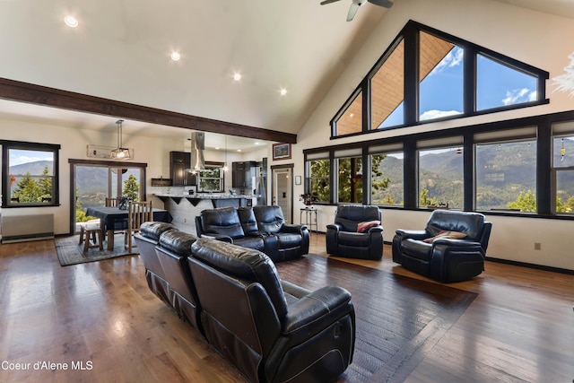 1010 Mc Quade Gulch Dr, Clark Fork, ID 83811 - living room featuring high vaulted ceiling, dark wood finished floors, recessed lighting, and a ceiling fan