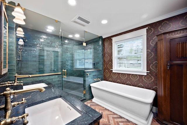 5570 E Dodd Rd, Hayden, ID 83835 - full bath featuring a soaking tub, a stall shower, recessed lighting, double vanity, and wallpapered walls