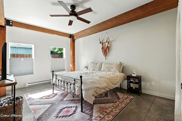 1106 Larch St Unit A, Sandpoint, ID 83864 - bedroom featuring concrete flooring, beam ceiling, ceiling fan, and baseboard heating
