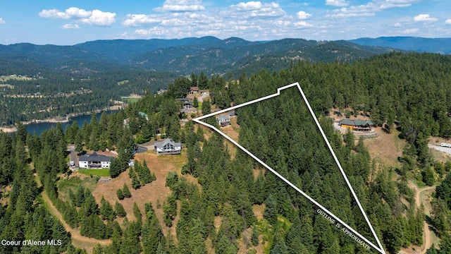 1273 S Grouse Meadow Dr, Coeur Dalene, ID 83814 - aerial view of property and surrounding area featuring a mountainous background and property boundaries highlighted
