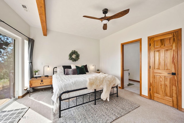 1273 S Grouse Meadow Dr, Coeur Dalene, ID 83814 - bedroom featuring light carpet, beamed ceiling, and ceiling fan
