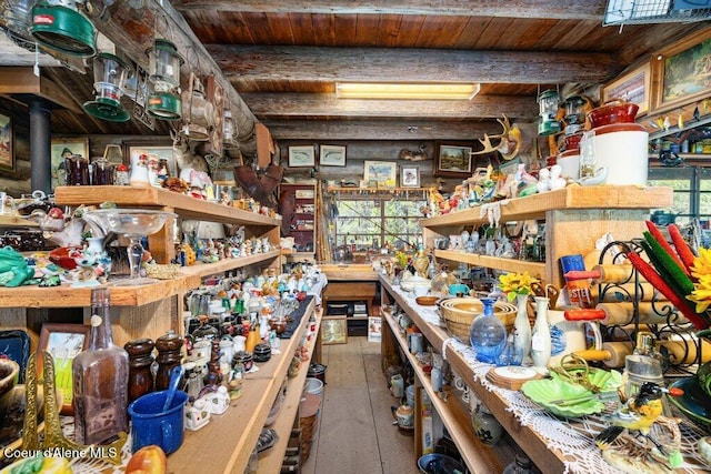 72 Hank Allen Way, Blanchard, ID 83804 - miscellaneous room featuring wood-type flooring and a wooden ceiling with exposed beams