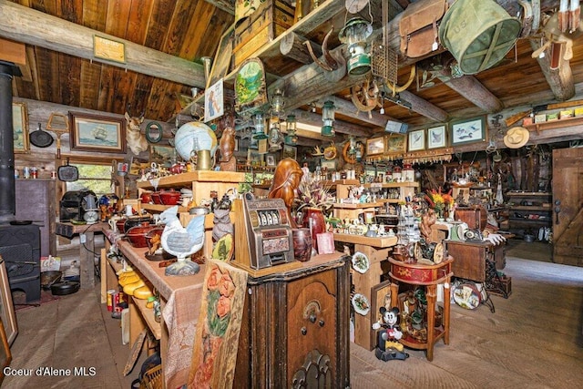 72 Hank Allen Way, Blanchard, ID 83804 - misc room with a wood ceiling with exposed beams and a wood stove