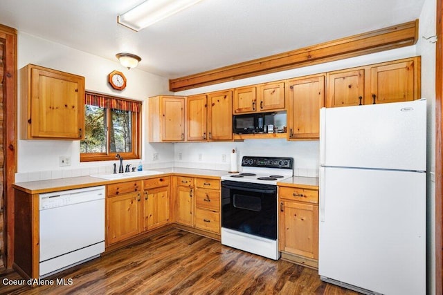 72 Hank Allen Way, Blanchard, ID 83804 - kitchen featuring white appliances, dark wood-style flooring, and tile counters