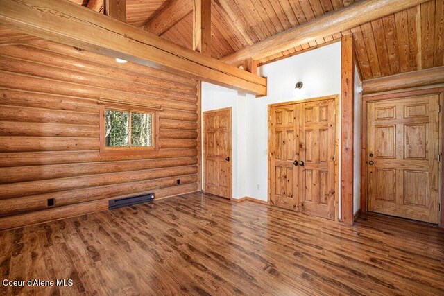 72 Hank Allen Way, Blanchard, ID 83804 - empty room featuring wood finished floors, a wood ceiling with exposed beams, and rustic walls