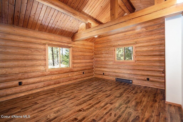 72 Hank Allen Way, Blanchard, ID 83804 - empty room with healthy amount of natural light, a wooden ceiling with exposed beams, dark wood-style flooring, and rustic walls
