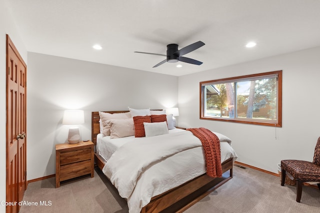 515 S Idaho St, Post Falls, ID 83854 - bedroom with light carpet, recessed lighting, and a ceiling fan