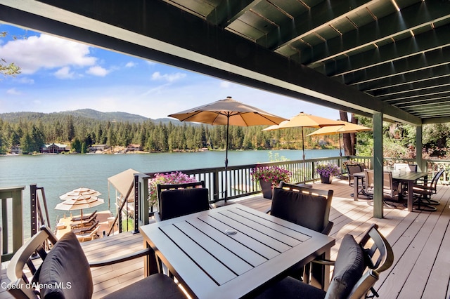 515 S Idaho St, Post Falls, ID 83854 - wooden terrace with outdoor dining space, a water and mountain view, and a forest view