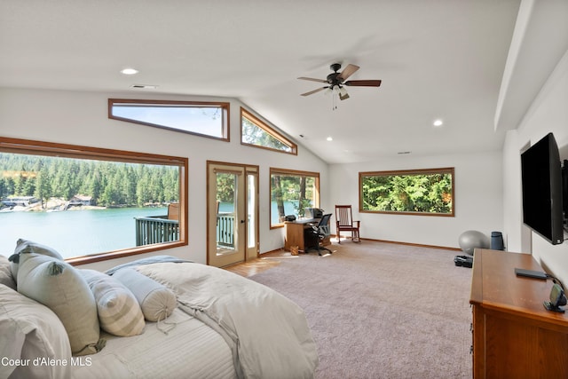 515 S Idaho St, Post Falls, ID 83854 - bedroom featuring access to outside, vaulted ceiling, light colored carpet, and recessed lighting