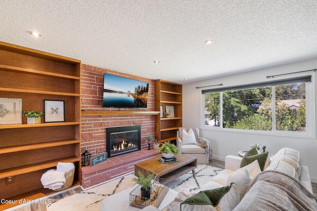 1024 W Mill Ave, Coeur Dalene, ID 83814 - living room featuring a textured ceiling, a fireplace, wood finished floors, built in shelves, and recessed lighting