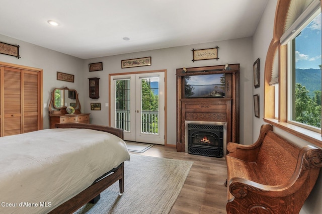 512 River Dr, Clark Fork, ID 83811 - bedroom with access to outside, multiple windows, wood finished floors, recessed lighting, and a lit fireplace
