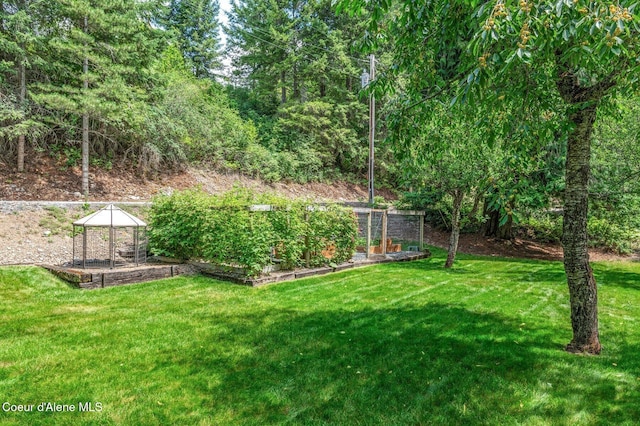 512 River Dr, Clark Fork, ID 83811 - view of grassy yard featuring a gazebo and a garden