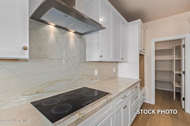L1B1 Sylvan Rd, Athol, ID 83801 - kitchen with ventilation hood, black electric cooktop, white cabinetry, decorative backsplash, and light stone counters