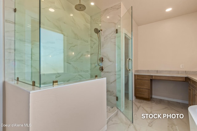 L1B1 Sylvan Rd, Athol, ID 83801 - bathroom featuring a marble finish shower, marble finish floors, vanity, and a soaking tub