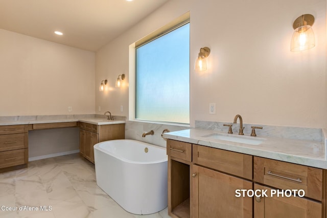 L1B1 Sylvan Rd, Athol, ID 83801 - bathroom featuring two vanities, a soaking tub, marble finish flooring, and recessed lighting