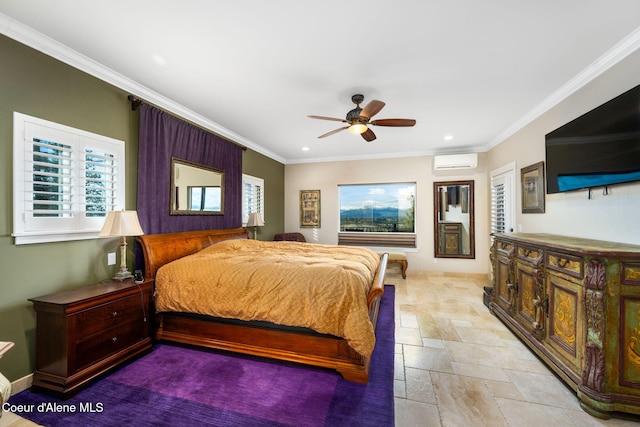 5969 W Highland Dr, Coeur Dalene, ID 83814 - bedroom with a wall unit AC, stone tile flooring, crown molding, recessed lighting, and ceiling fan