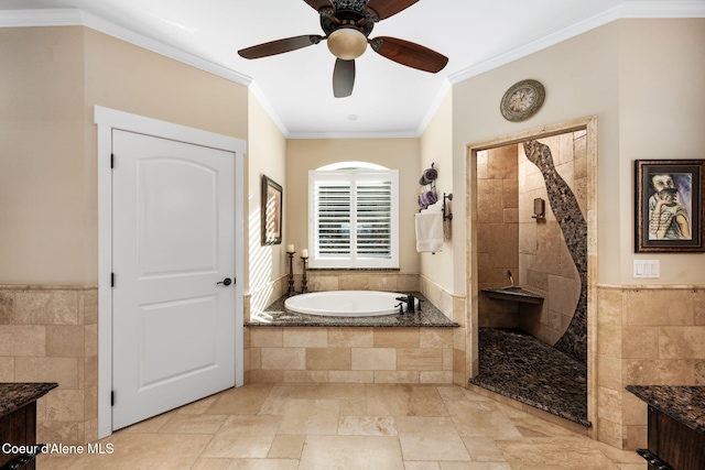 5969 W Highland Dr, Coeur Dalene, ID 83814 - bathroom with a garden tub, crown molding, a walk in shower, a ceiling fan, and tile walls